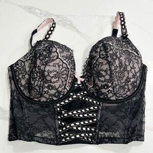 Victoria's Secret Black Lace Longline Bra Corset Top M-DD